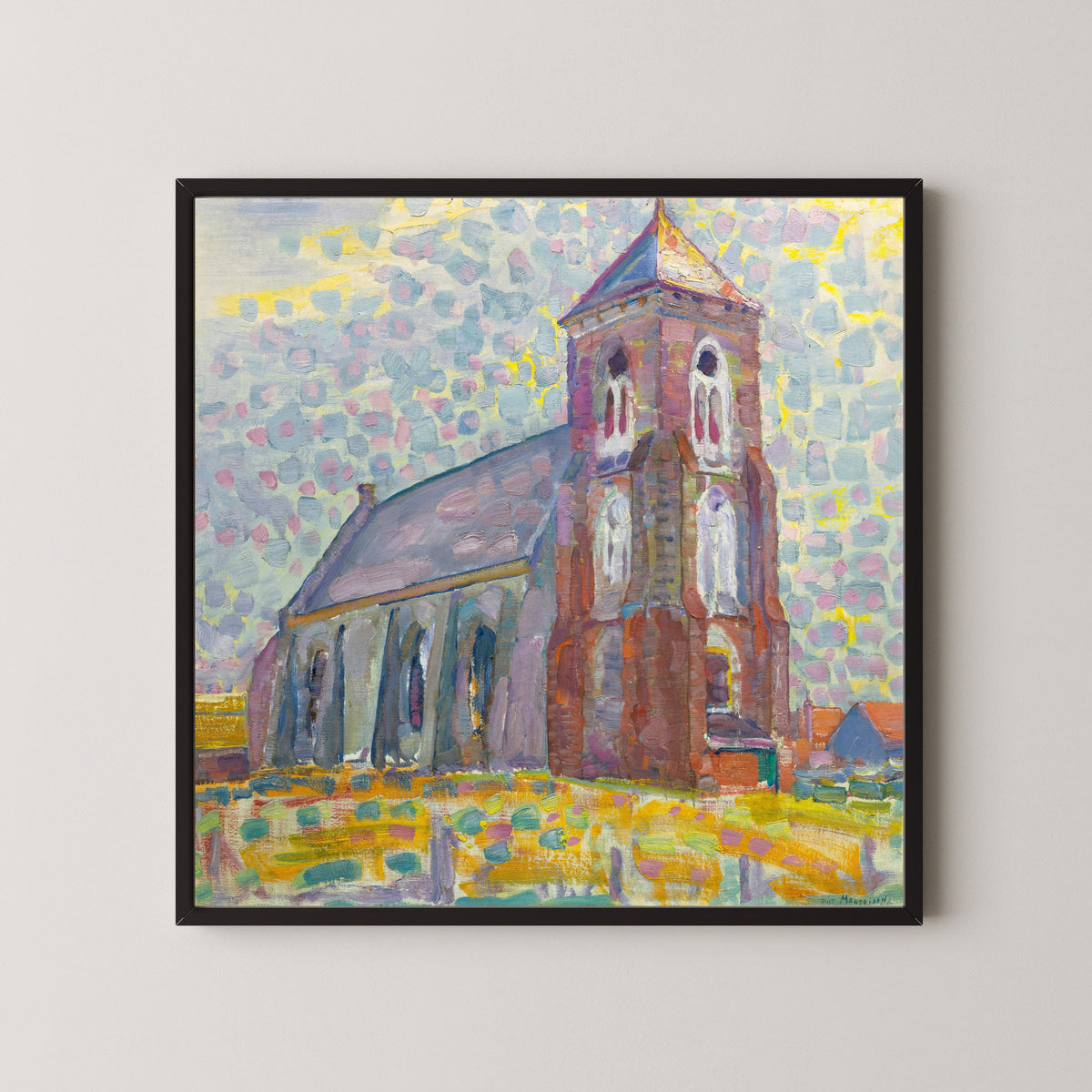Framed art print of Church In Zoutelande by Piet Mondrian, in a black frame on a pale wall