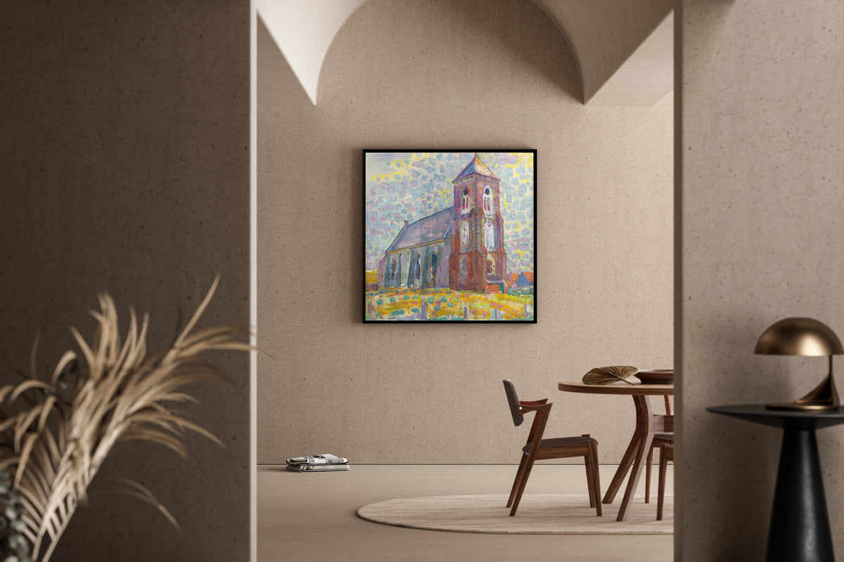 Framed art print of Church In Zoutelande by Piet Mondrian, in a sunlit dining corner