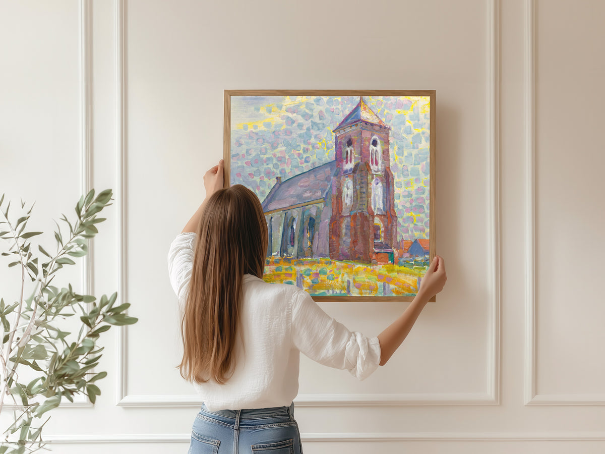 Framed art print of Church In Zoutelande by Piet Mondrian, hung on a panelled wall