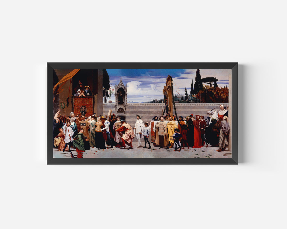 Framed art print of Cimabue's Madonna Carried in Procession by Frederic Leighton, in a wide black frame on a plain white wall