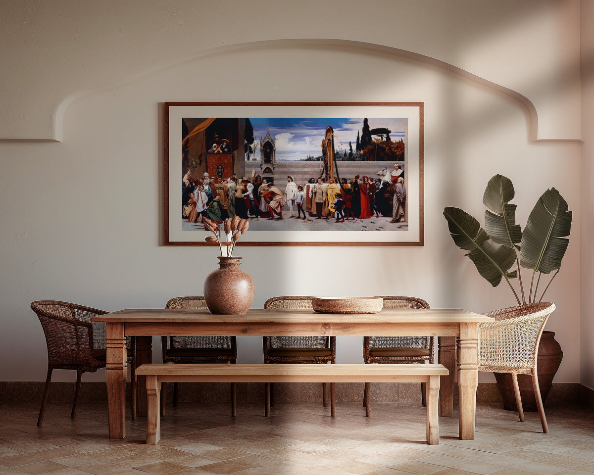 Framed art print of Cimabue's Madonna Carried in Procession by Frederic Leighton, above a wooden dining table