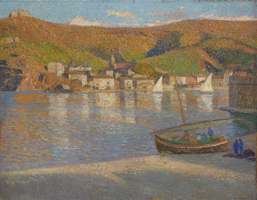 Henri Martin — Cinq pêcheurs et leur barque échouée sur la grève à Collioure | Pointillist Landscape Print shown to scale on a wall above a sofa