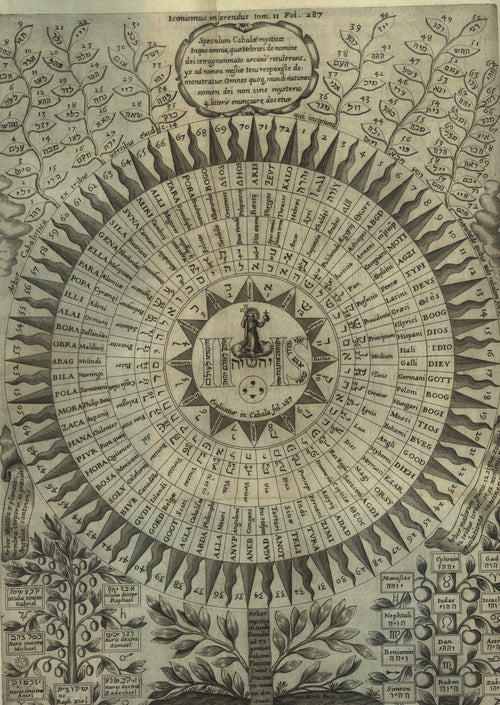 Circular Cabalistic System of the Divine Names (Oedipus Aegyptiacus) by Athanasius Kircher — A sunburst wheel of divine names between trees of numbered leaves
