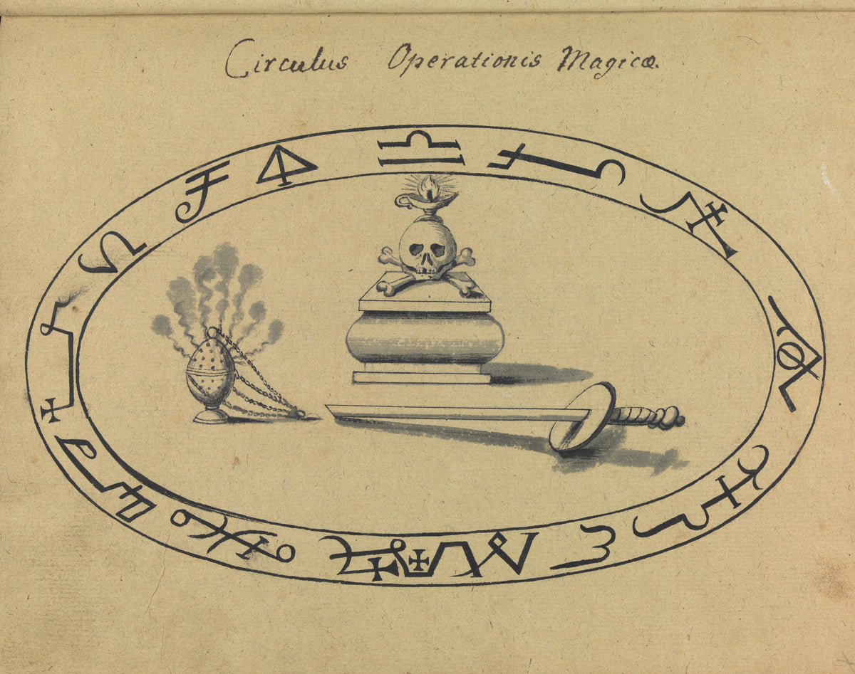 Circulus Operationis Magicae by Unknown artist — A skull, oil lamp, sword and smoking censer inside a ring of sigils