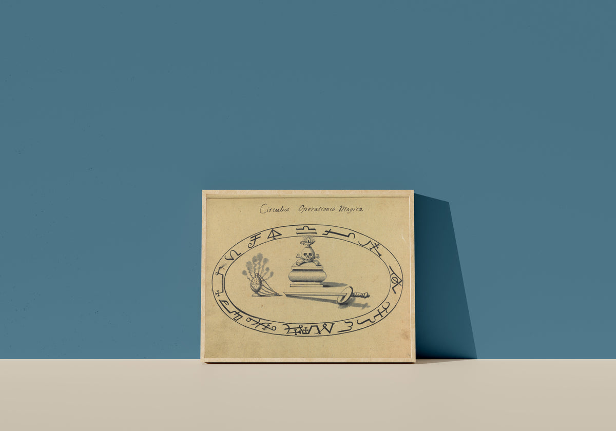 Framed art print of Circulus Operationis Magicae by Unknown artist, in a light wood frame leaning on a blue wall