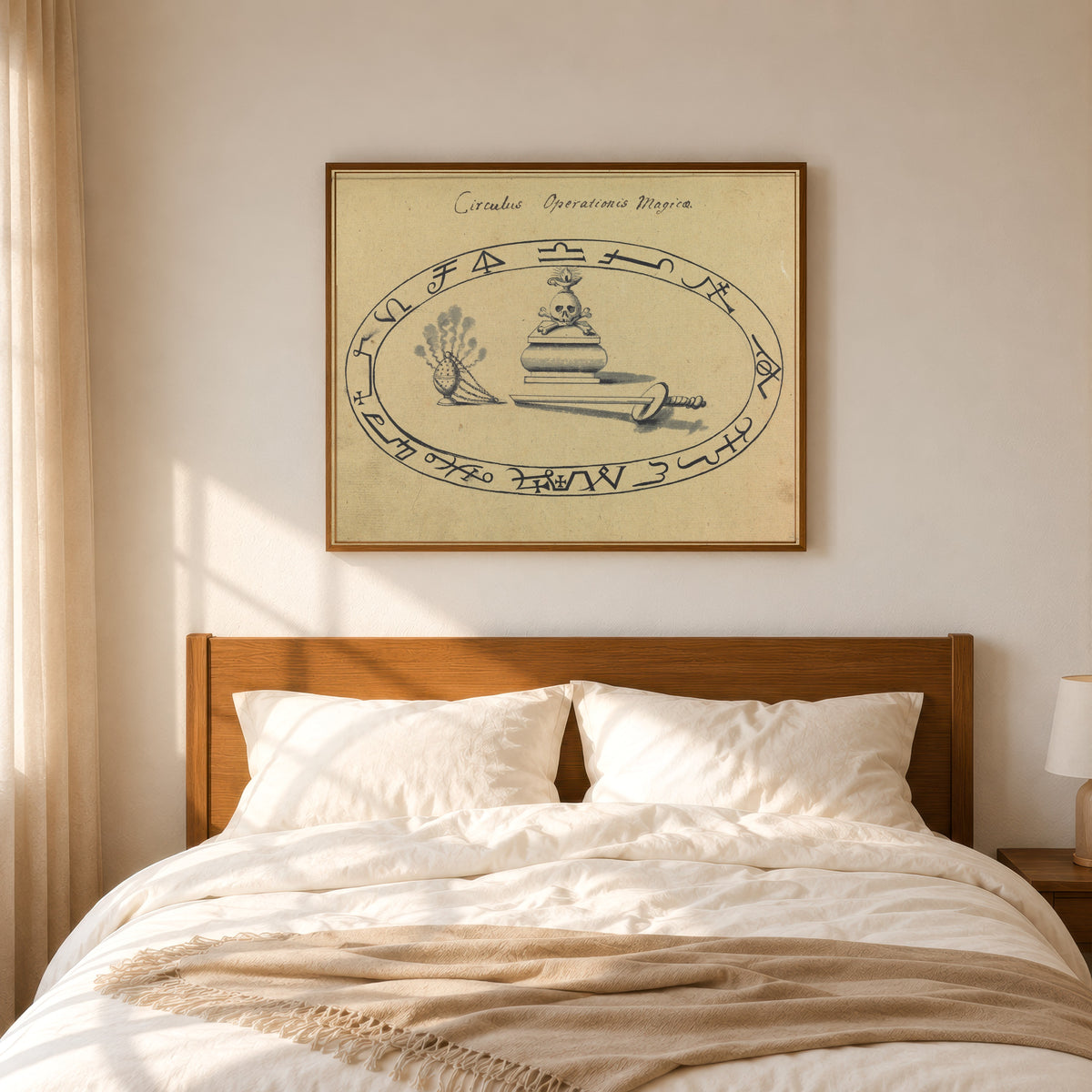 Framed art print of Circulus Operationis Magicae by Unknown artist, in a slim wood frame above a bed in a sunlit bedroom