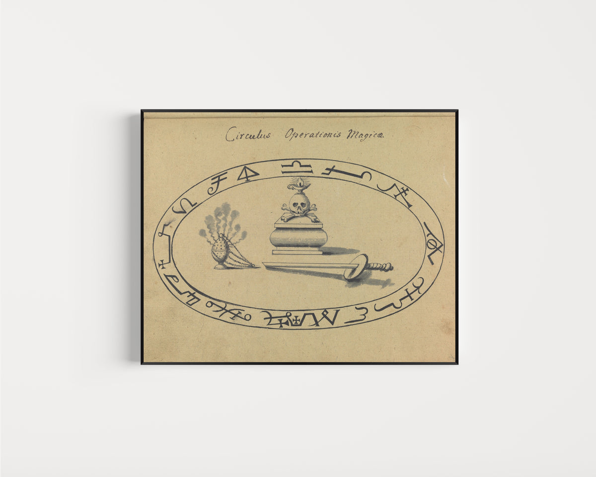 Framed art print of Circulus Operationis Magicae by Unknown artist, in a slim black frame on a plain white wall