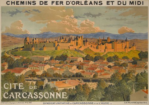 Cité de Carcassonne by Eugène Grasset — A walled medieval city glows orange above the red roofs of a town