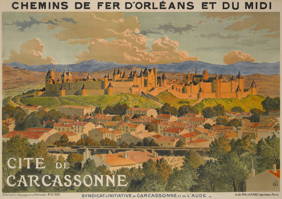 Eugène Grasset — Cité de Carcassonne | Vintage Poster Print shown to scale on a wall above a sofa
