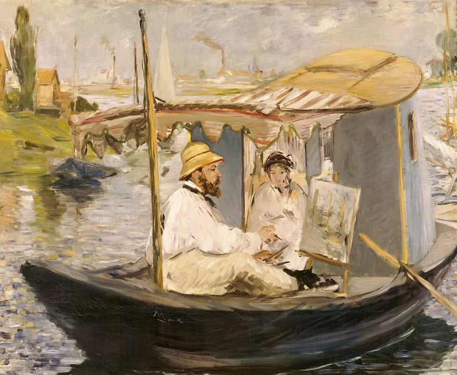 Édouard Manet — Claude Monet Painting in His Studio Boat | Fine Art Print shown to scale on a wall above a sofa