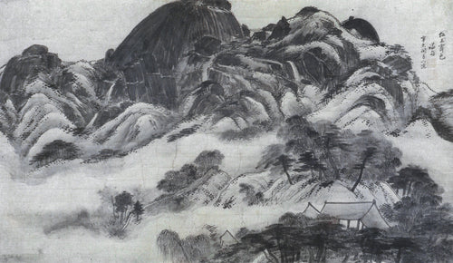 Clearing after Rain on Mt. Inwang by Jeong Seon (Gyeomjae) — Mist lifts from a dark granite peak after rain