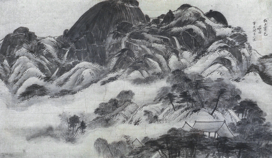 Jeong Seon (Gyeomjae) — Clearing after Rain on Mt. Inwang | Korean Painting Art Print shown to scale on a wall above a sofa