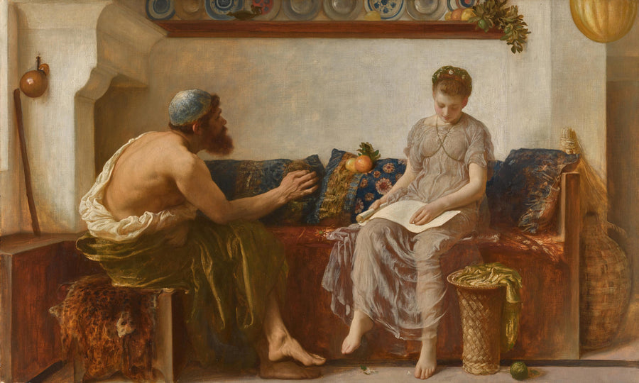 Frederic Leighton — Cleoboulos Instructing his Daughter Cleobouline | Art Print shown to scale on a wall above a sofa