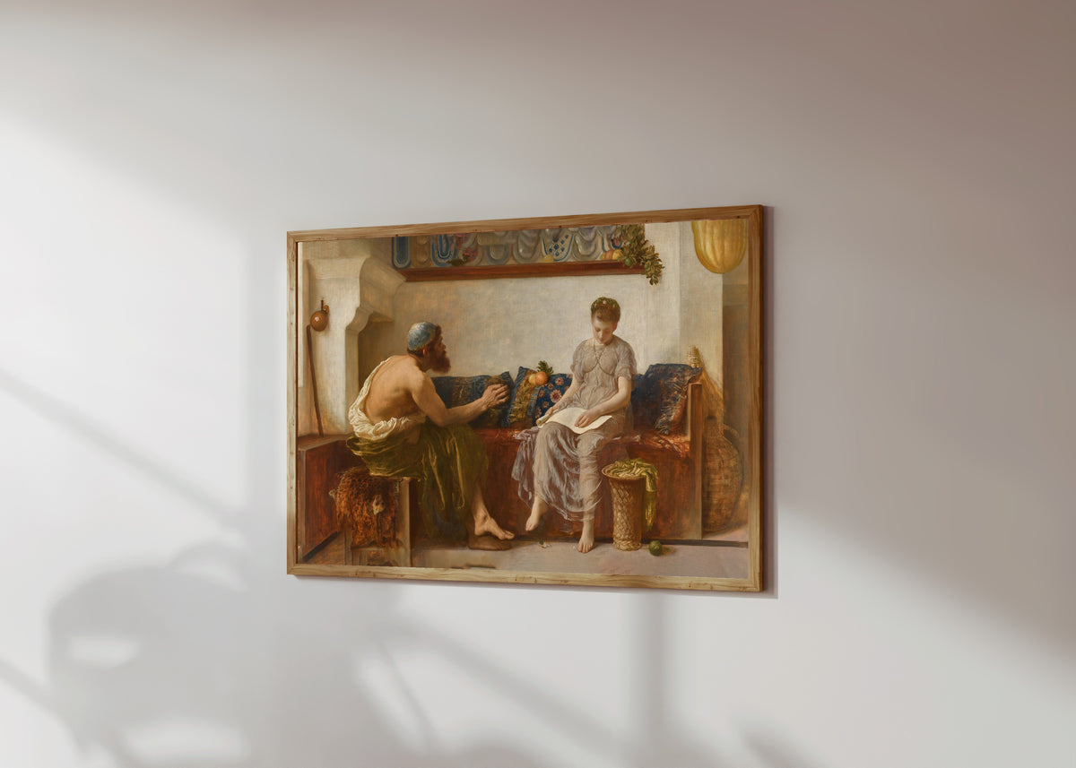 Framed art print of Cleoboulos Instructing his Daughter Cleobouline by Frederic Leighton, in a light wood frame on a sunlit white wall, seen at a slight angle