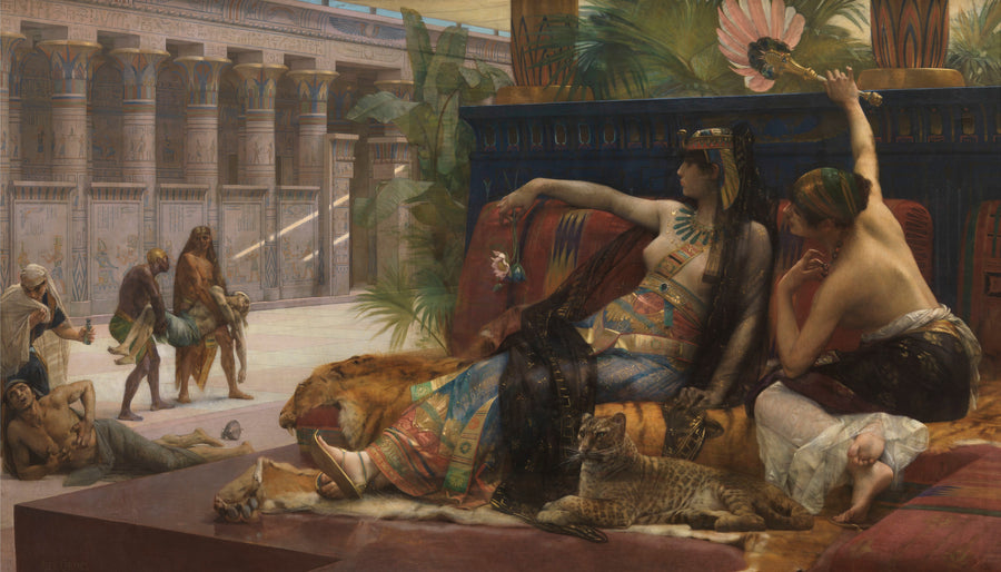 Alexandre Cabanel — Cleopatra Testing Poisons on Condemned Prisoners | Art Print shown to scale on a wall above a sofa