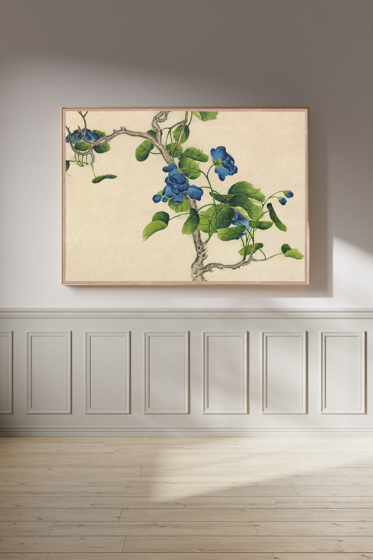 Desk Album: Flower and Bird Paintings (Climbing Blue Flowers) by Zhang Ruoai — framed on a panelled wall in afternoon light