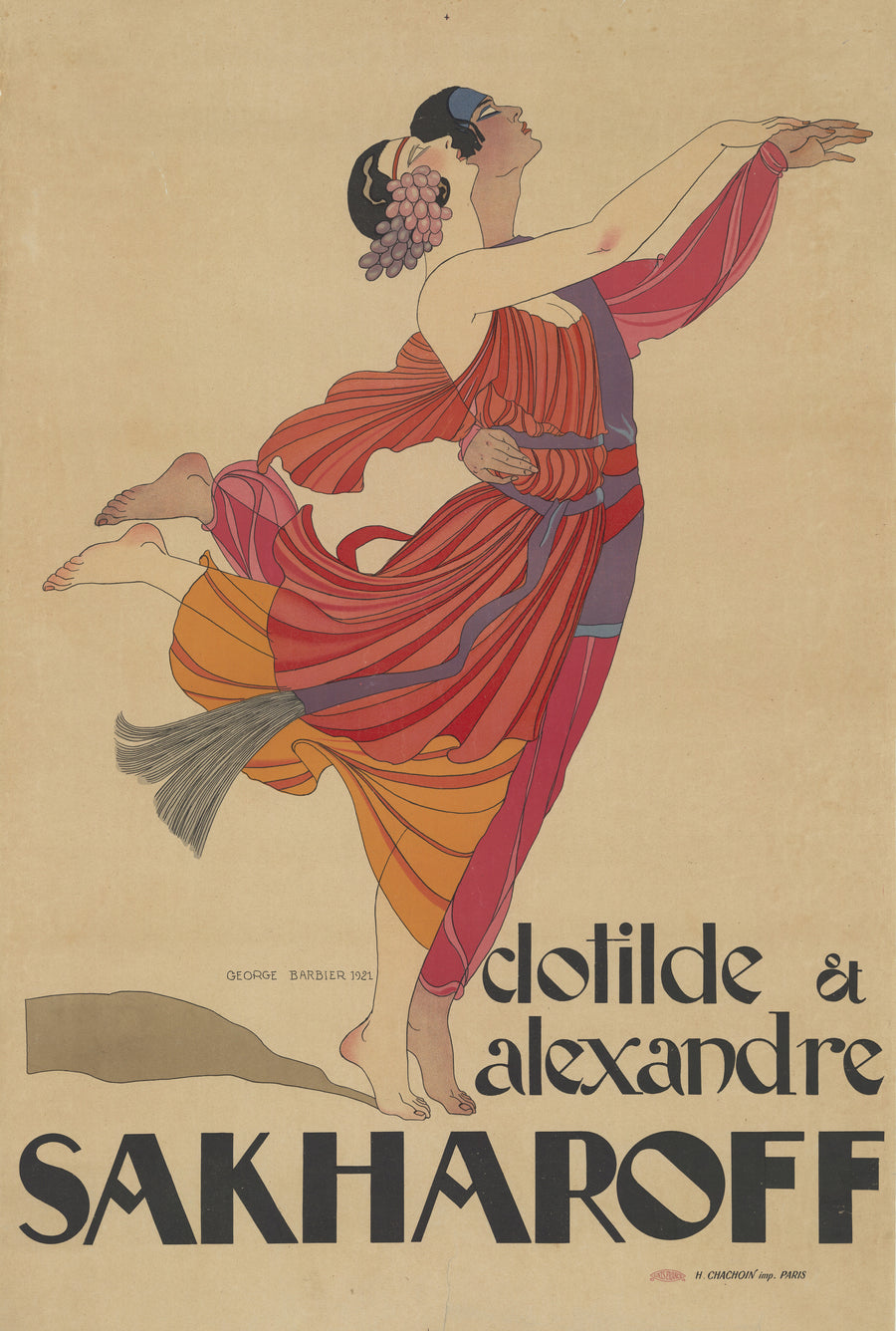 George Barbier — Clotilde et Alexandre Sakharoff | Vintage Poster Print shown to scale on a wall above a sofa