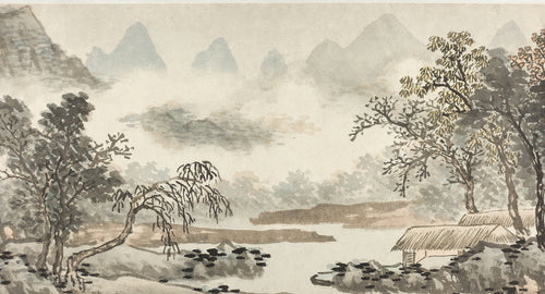Clouds over the River before Rain (Detail) by Shen Zhou — Mist-veiled peaks above thatched cottages and a quiet river