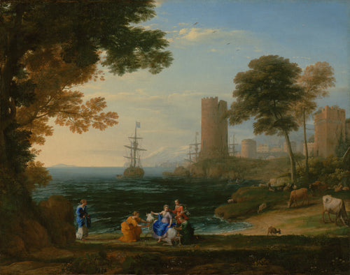 Coast View with the Abduction of Europa by Claude Lorrain — Women garlanding a white bull beside a bay with a tower