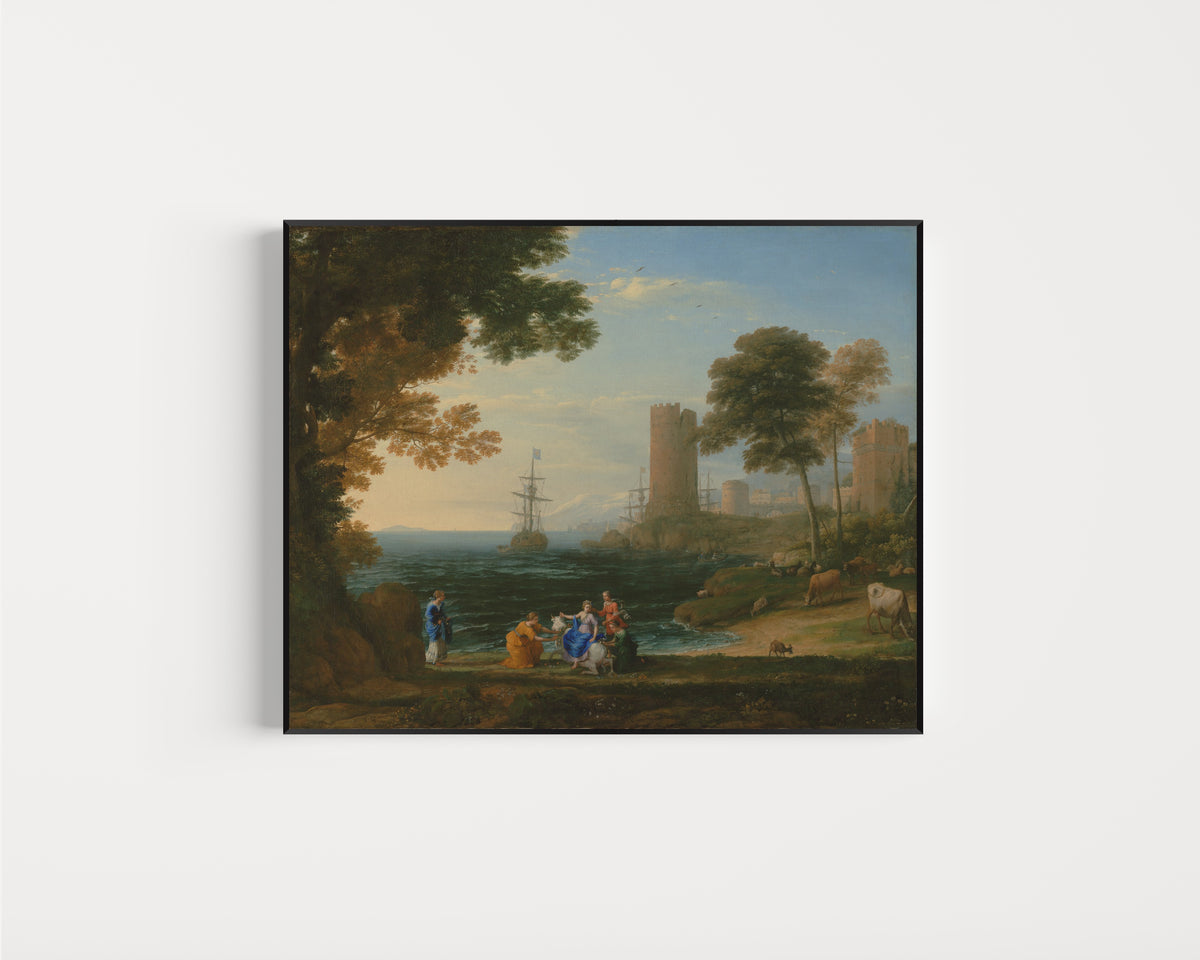 Framed art print of Coast View with the Abduction of Europa by Claude Lorrain, in a slim black frame on a plain white wall