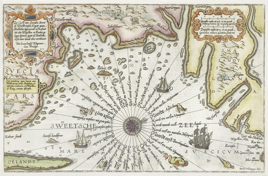 Joannes van Doetechum the Elder — Coast of Sweden between Kalmar and Stockholm | Antique Nautical Chart Print shown to scale on a wall above a sofa