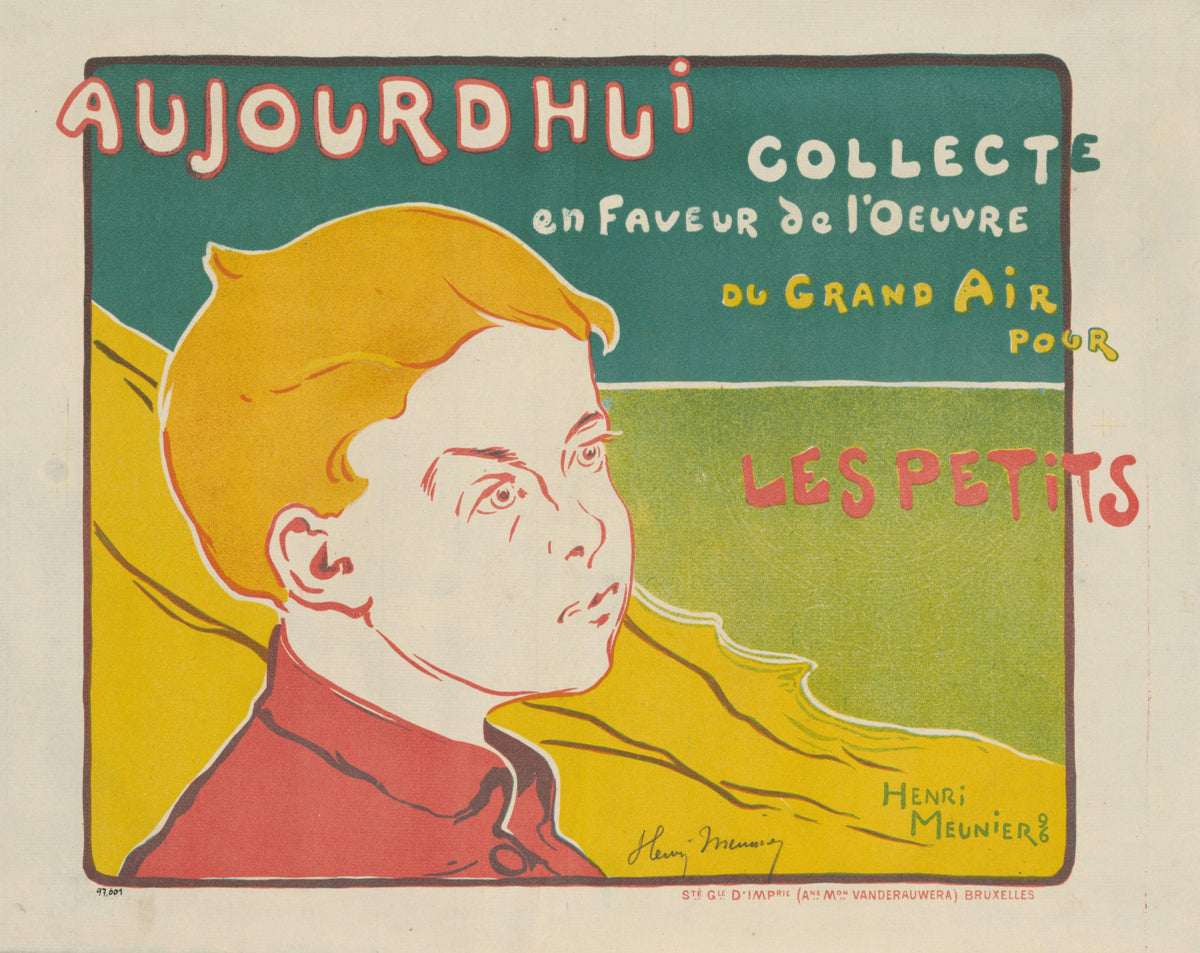 Collecte pour les petits by Henri Meunier — A red-shirted boy with orange hair gazes upward over a green field