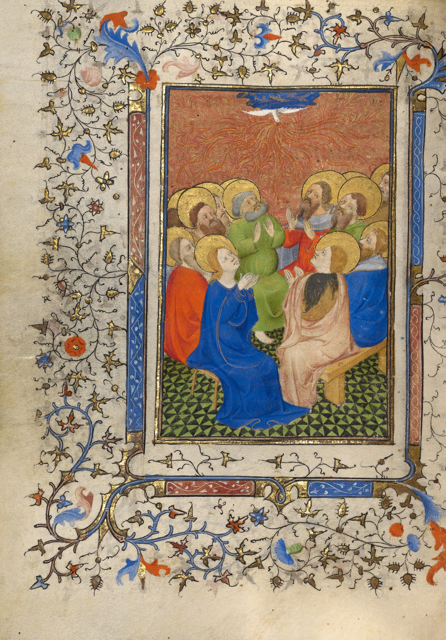 Collection of Masses for High Feasts: Pentecost | Illuminated Manuscript Print shown to scale on a wall above a sofa