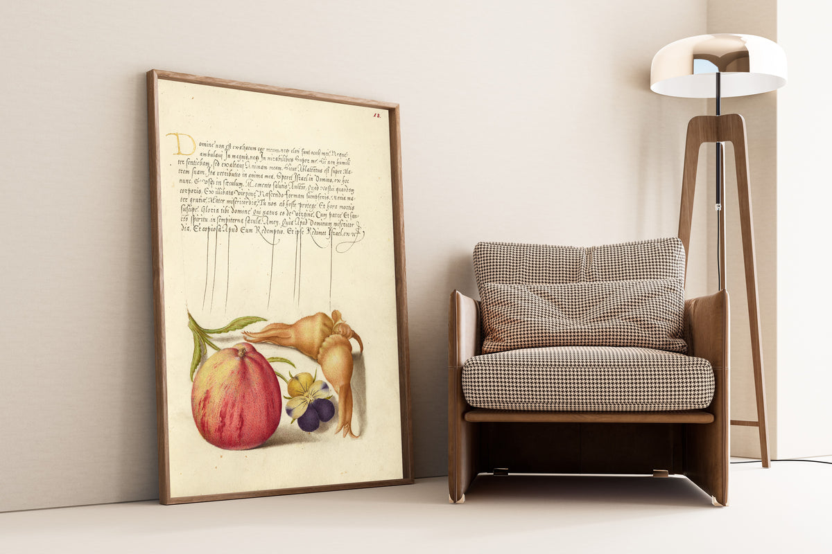 Joris Hoefnagel — Common Apple, European Wild Pansy, and Giant Filbert | Botanical Calligraphy Print