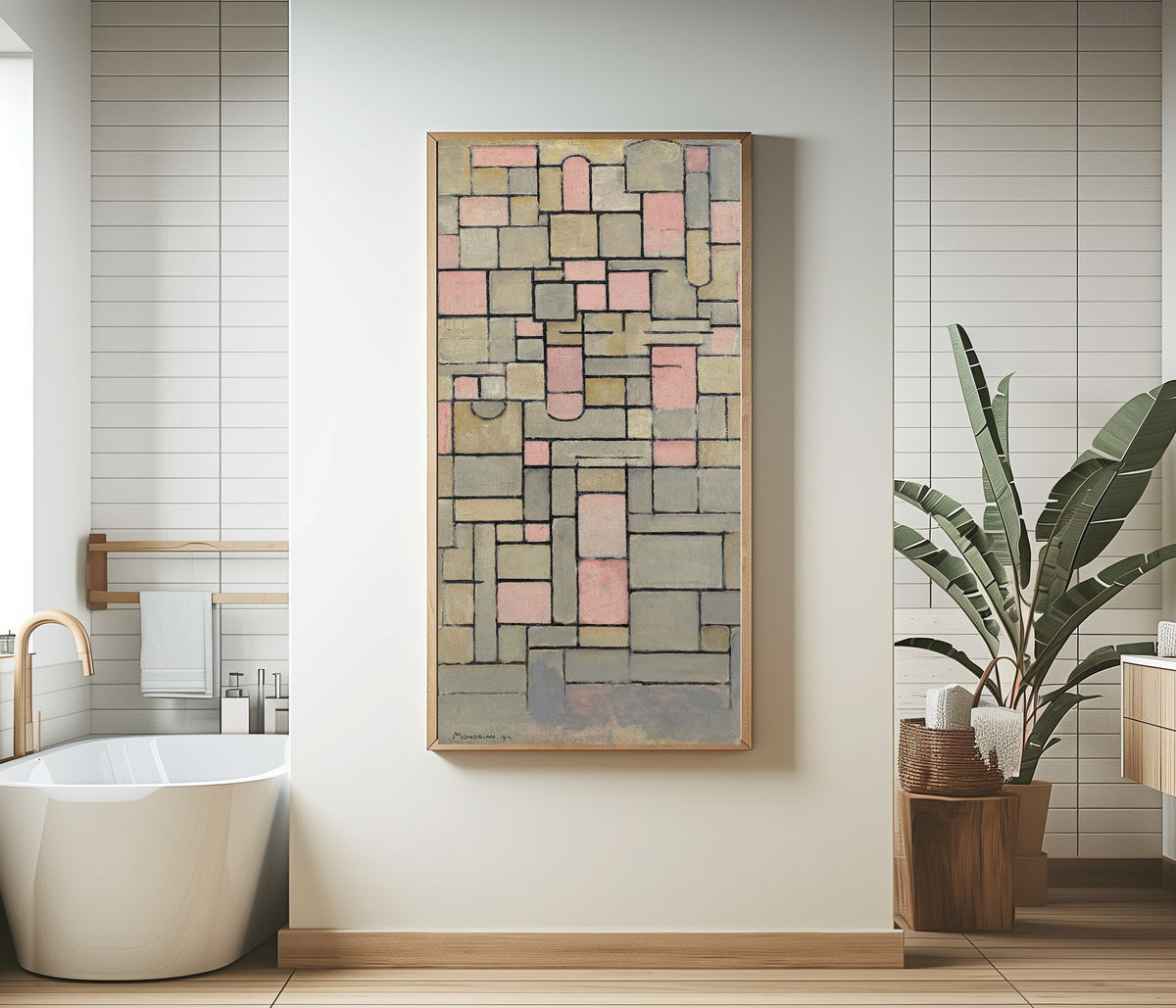 Framed art print of Composition 8 by Piet Mondrian, in a bathroom beside a freestanding tub