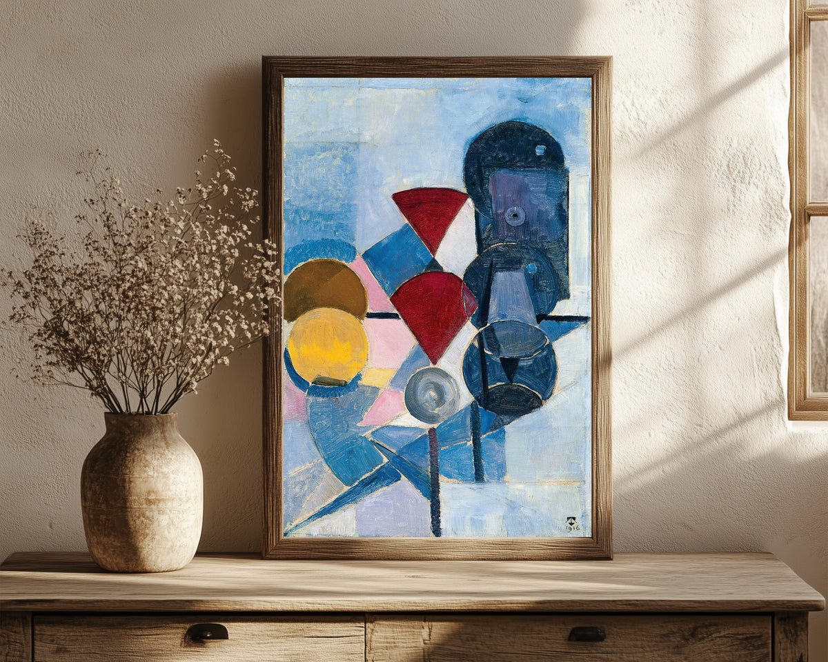 Framed art print of Composition II (Still Life) by Theo van Doesburg, in a dark wood frame leaning on a rustic console beside dried flowers