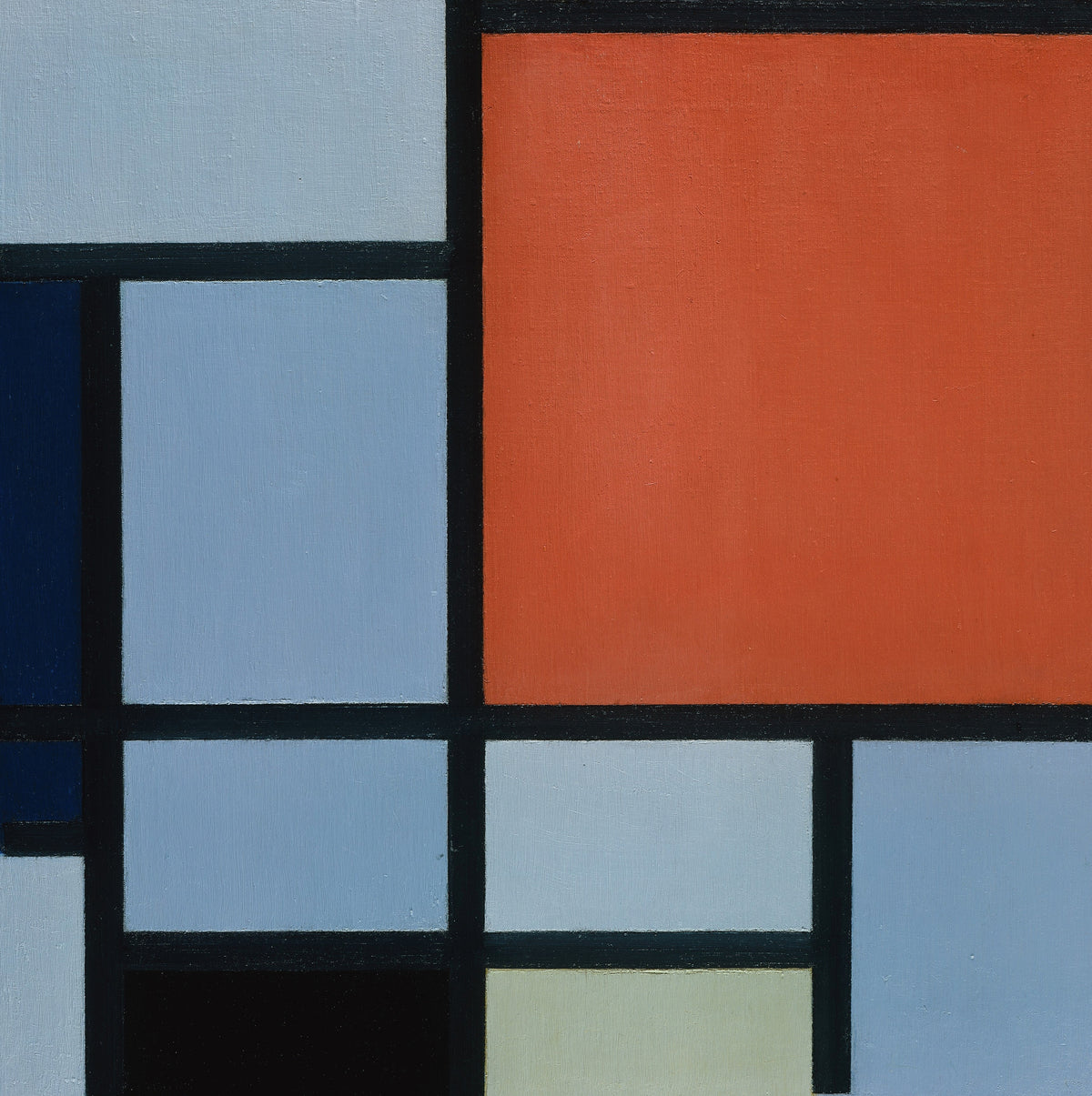 Composition (Red and Grey-Blue) by Piet Mondrian — A large orange-red square among grey-blue and black panels