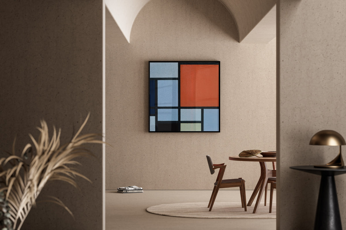 Framed art print of Composition (Red and Grey-Blue) by Piet Mondrian, in a sunlit dining corner