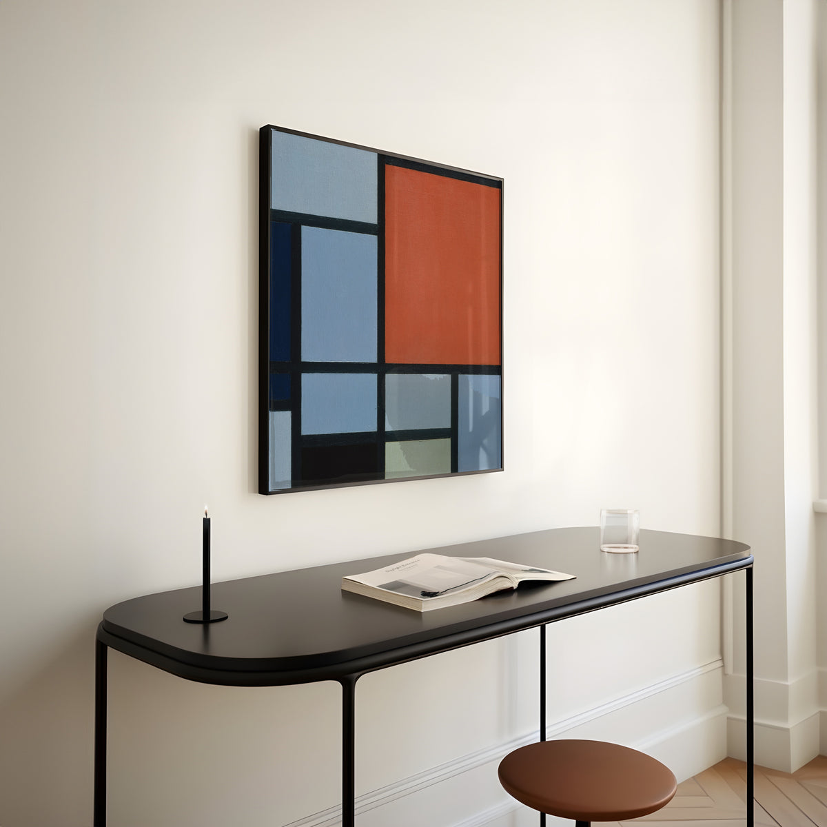 Framed art print of Composition (Red and Grey-Blue) by Piet Mondrian, above a slim black console table