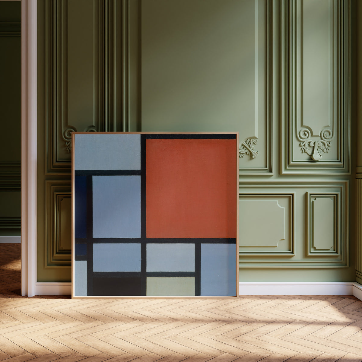 Framed art print of Composition (Red and Grey-Blue) by Piet Mondrian, leaning against olive-green panelling on a herringbone floor