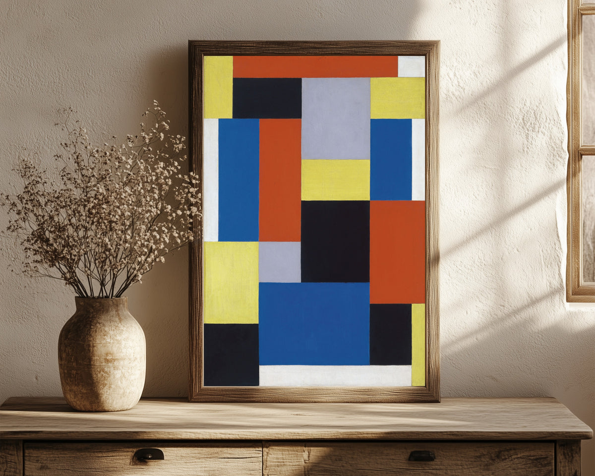 Framed art print of Composition XX by Theo van Doesburg, in a dark wood frame leaning on a rustic console beside dried flowers