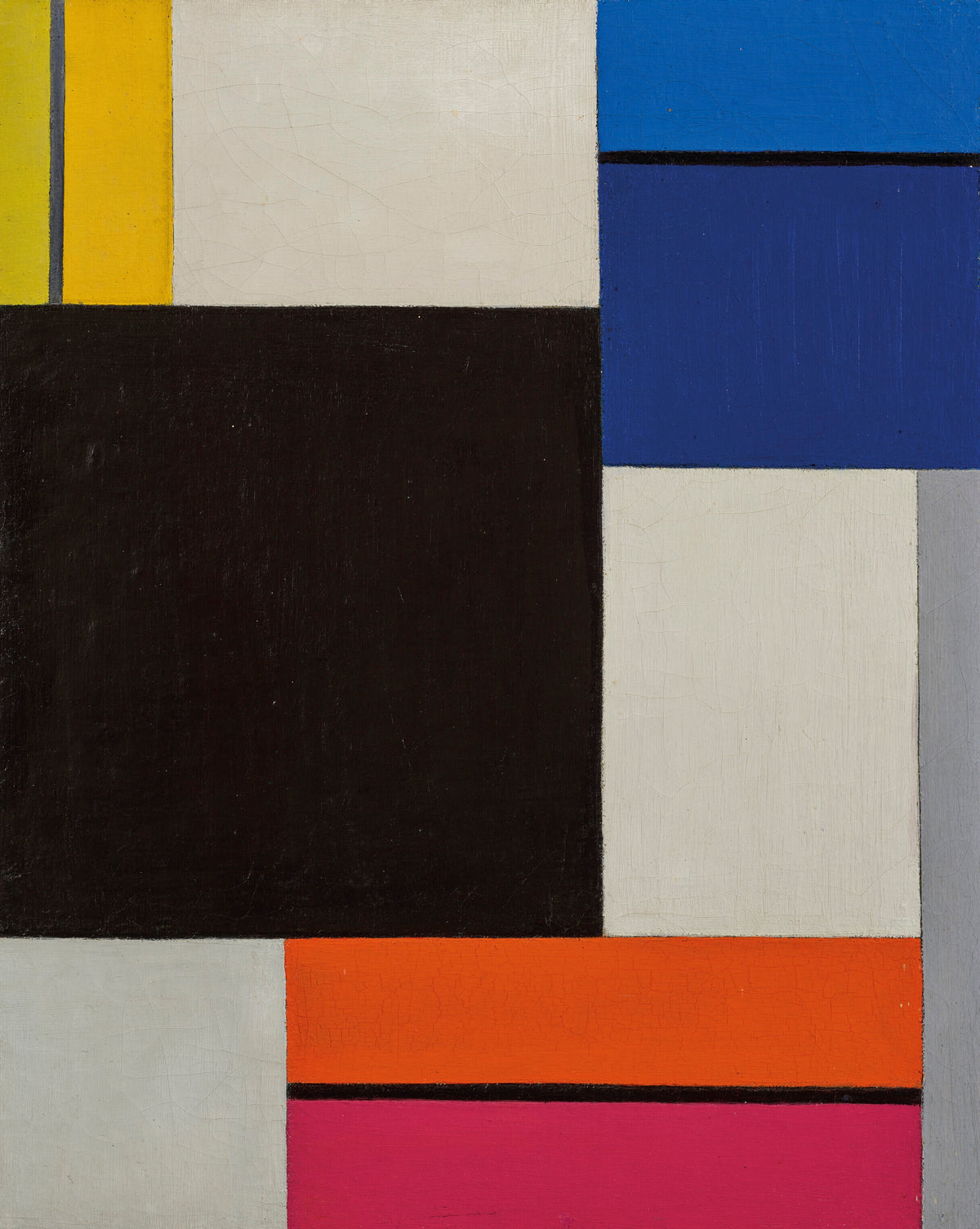Composition XXI by Theo van Doesburg — A black block among blue, yellow, orange and magenta bands