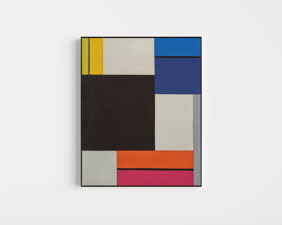 Framed art print of Composition XXI by Theo van Doesburg, in a slim black frame on a plain white wall