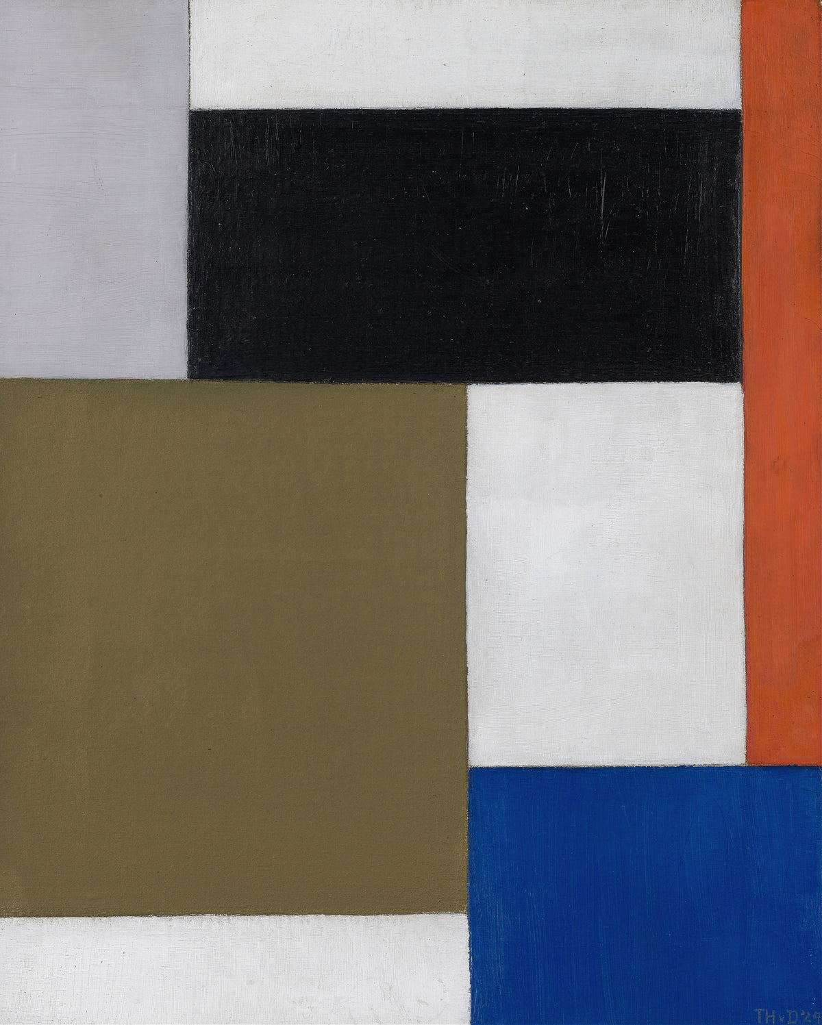 Composition by Theo van Doesburg — Olive, black, blue and white blocks beside a thin red-orange edge