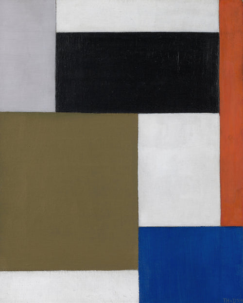 Composition by Theo van Doesburg — Olive, black, blue and white blocks beside a thin red-orange edge