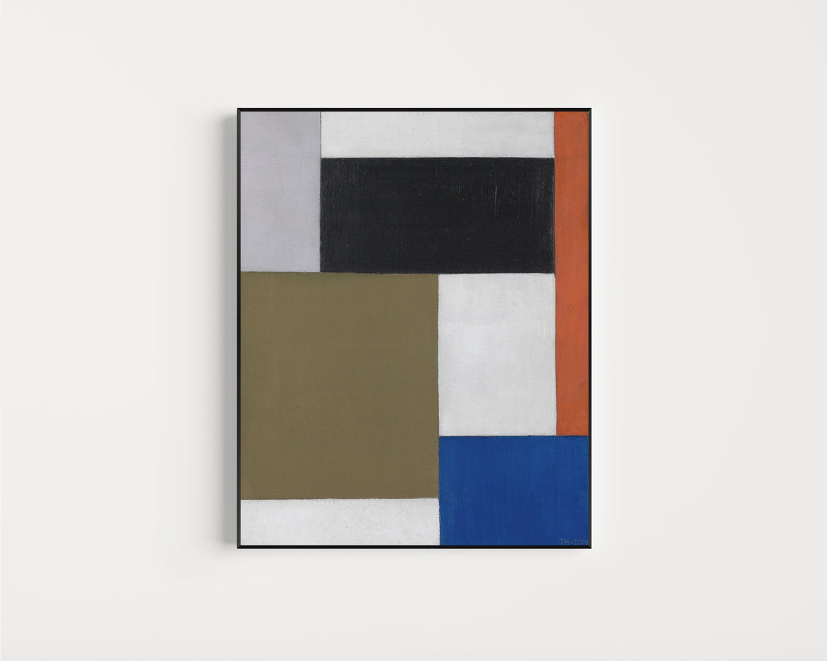 Framed art print of Composition by Theo van Doesburg, in a slim black frame on a plain white wall