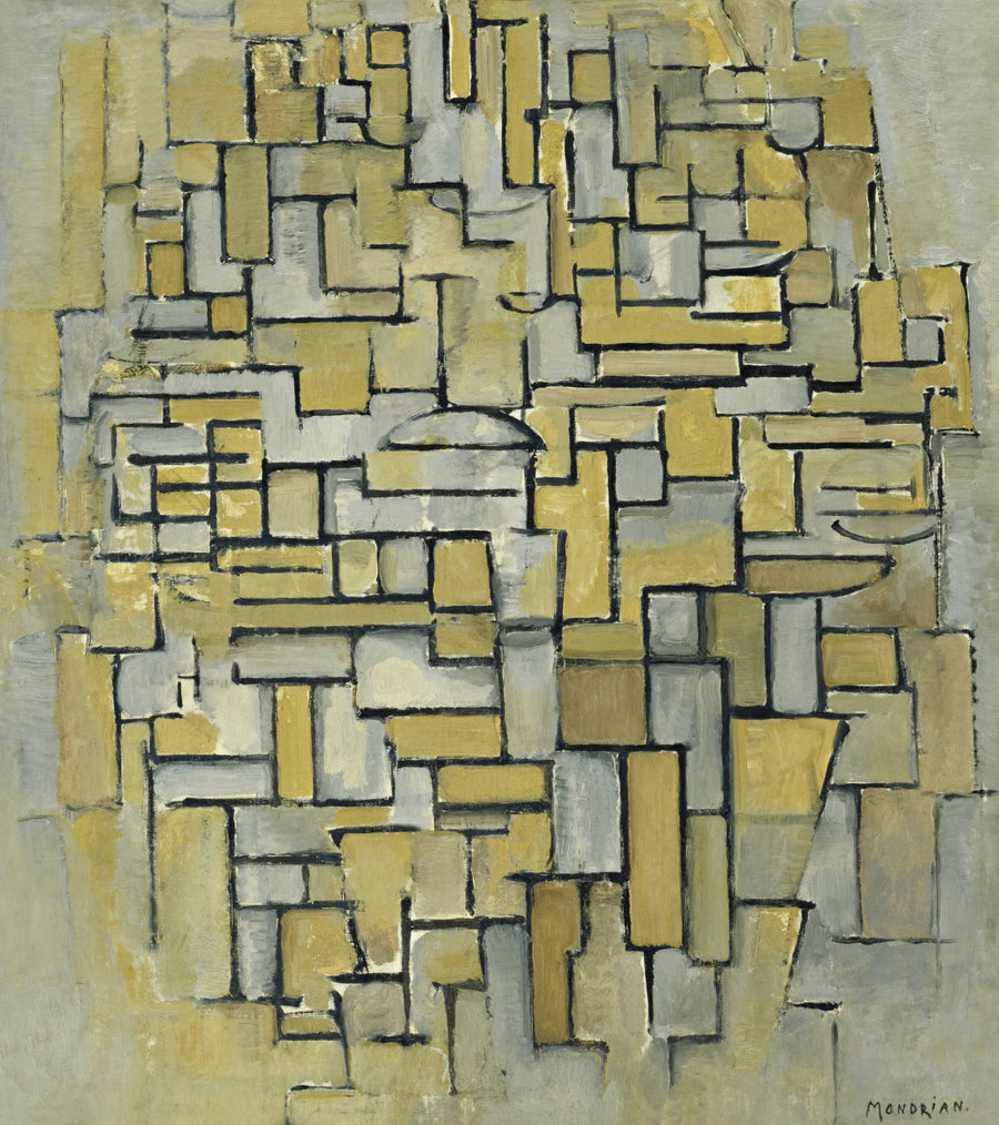 Piet Mondrian — Composition in Brown and Grey | Fine Art Print shown to scale on a wall above a sofa