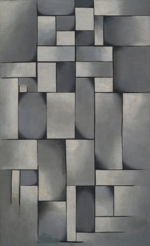 Composition in Gray (Rag-time). by Theo van Doesburg — Interlocking grey rectangles stack up a tall canvas in shaded tones