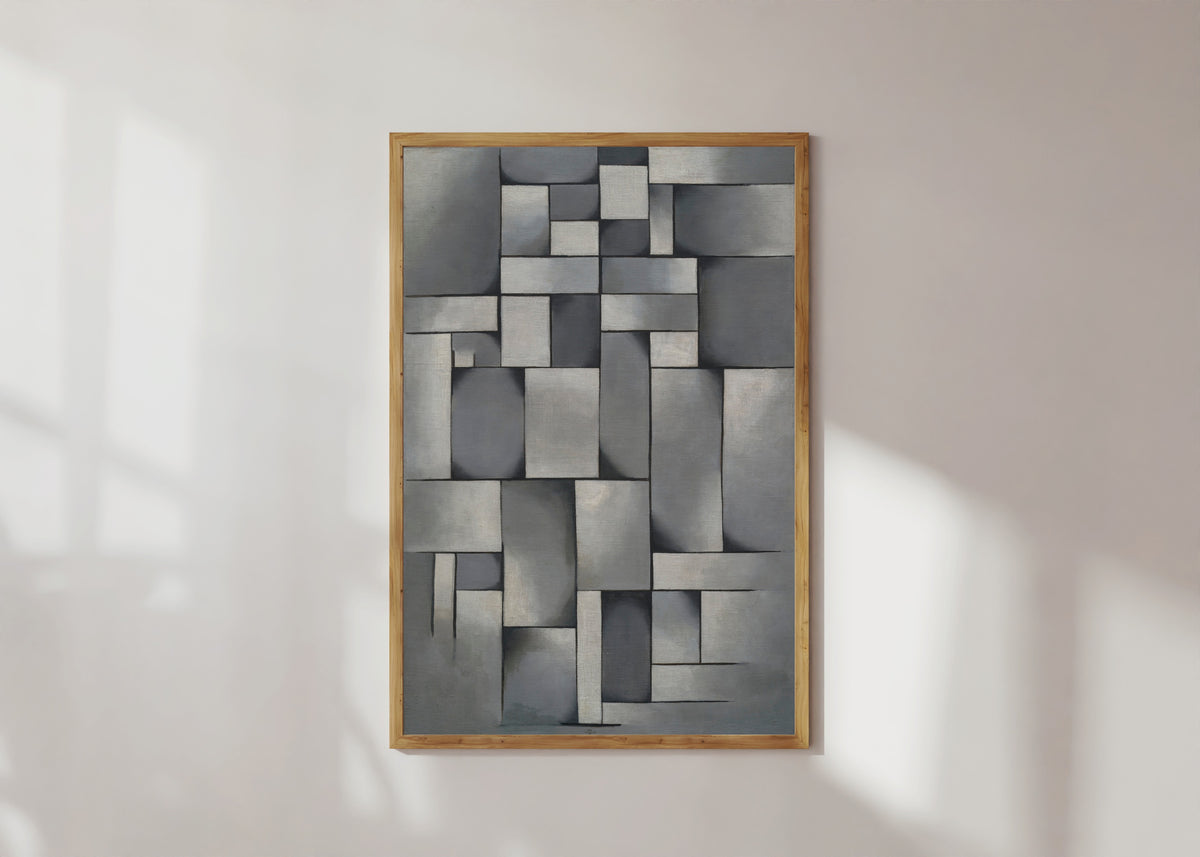 Framed art print of Composition in Gray (Rag-time). by Theo van Doesburg, in a light wood frame on a sunlit white wall