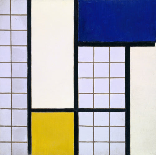 Composition in Half-Tones by Theo van Doesburg — Black bars frame blocks of blue, yellow and cream among pale grids
