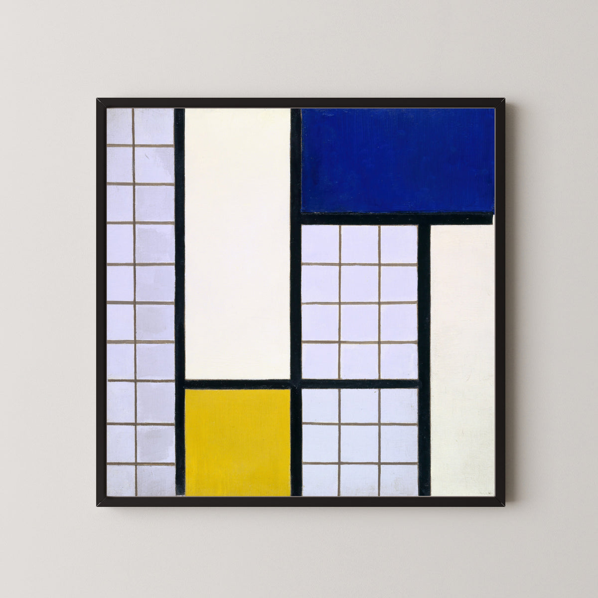 Framed art print of Composition in Half-Tones by Theo van Doesburg, in a black frame on a pale wall