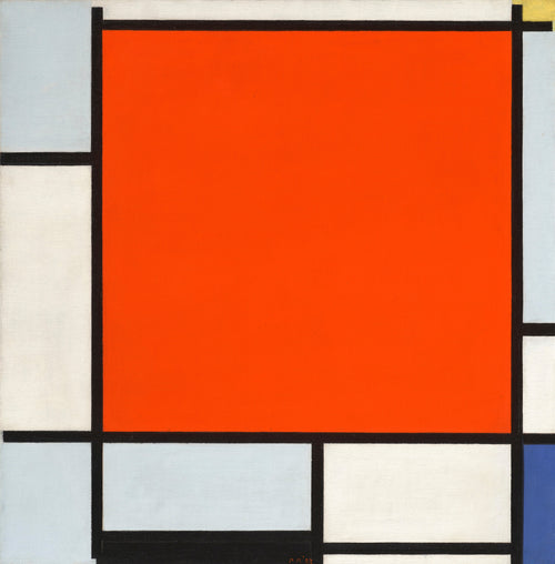 Composition with Large Red Plane, Bluish Gray, Yellow, Black and Blue by Piet Mondrian — A large red square edged by white, pale grey and black bars