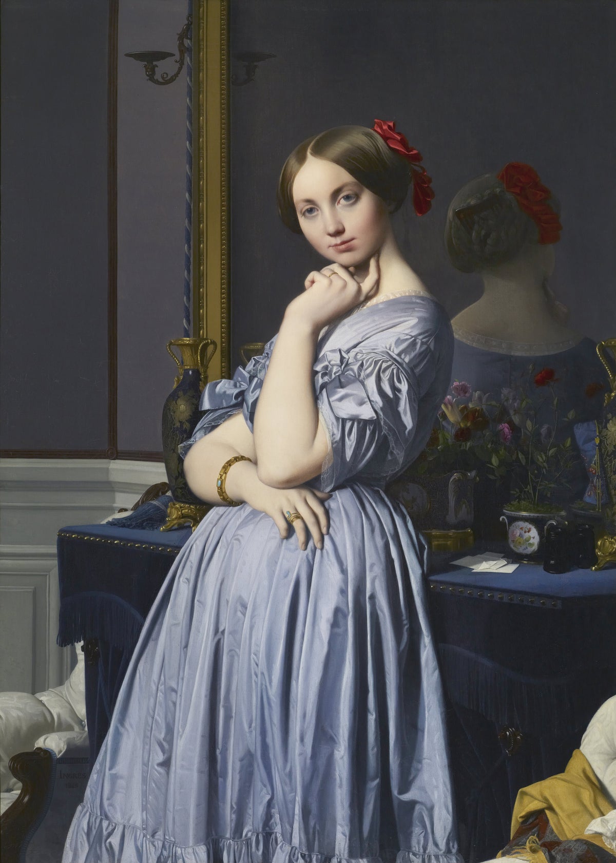 Comtesse d'Haussonville by Jean-Auguste-Dominique Ingres — A woman in pale blue silk rests her chin on her hand by a mirror