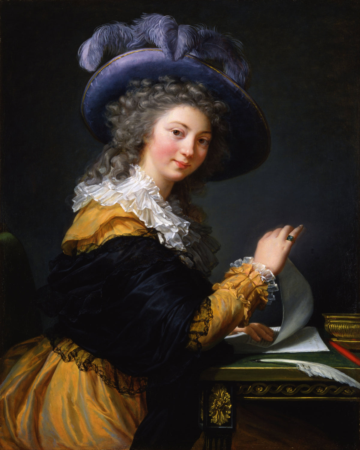 Comtesse de Cérès by Élisabeth Louise Vigée Le Brun — A woman in saffron silk turns from her letter with a smile
