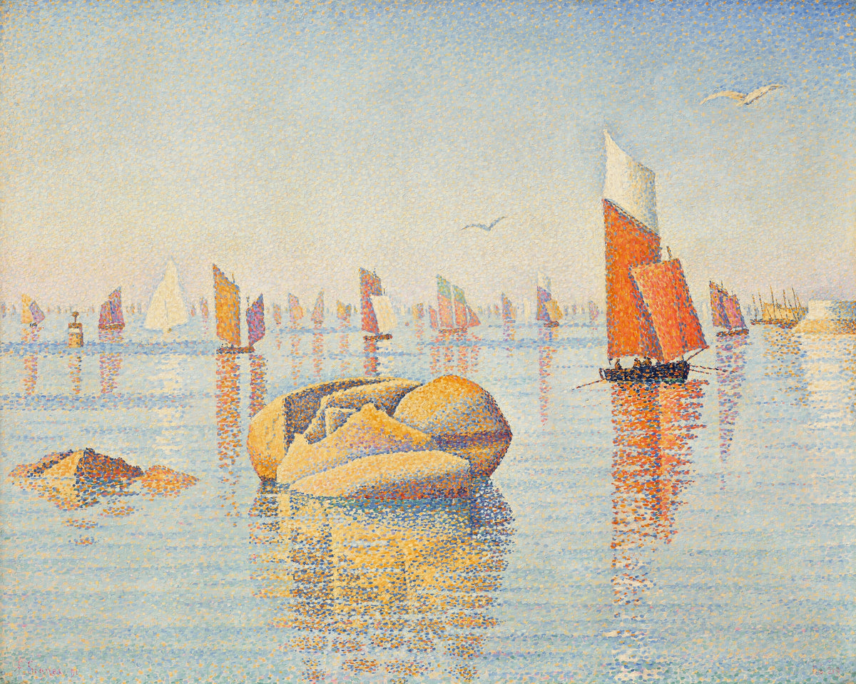 Concarneau, Morning Calm by Paul Signac — Fishing boats on a still bay around a golden boulder