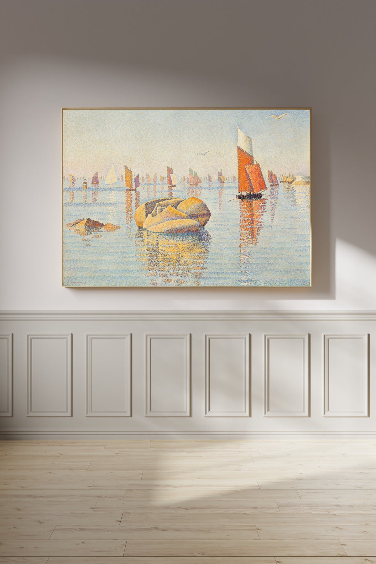Framed art print of Concarneau, Morning Calm by Paul Signac, on a panelled wall in afternoon light